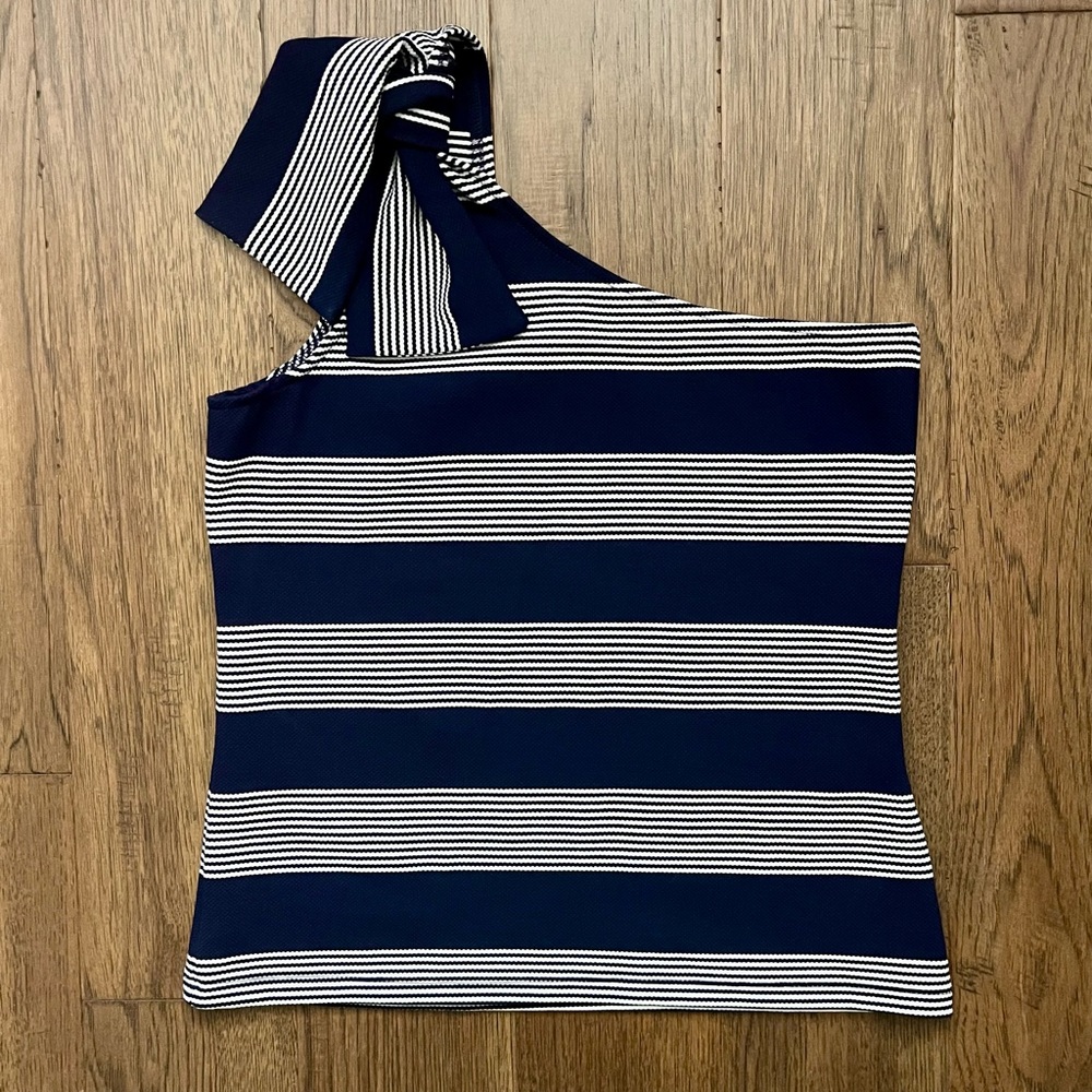 BISHOP +’YOUNG Striped One Shoulder Bow Tank Top Navy White S - Picture 2 of 8